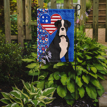 Load image into Gallery viewer, Natural Eared Black Boxer Patriotic Heart Garden Flag – Red, White &amp; Blue Dog Decor with Star Background