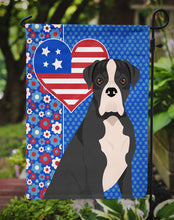 Load image into Gallery viewer, Natural Eared Black Boxer Patriotic Heart Garden Flag – Red, White &amp; Blue Dog Decor with Star Background