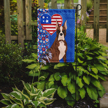 Load image into Gallery viewer, Red Brindle Boxer Patriotic Heart Garden Flag – Red, White &amp; Blue Dog Decor with Star Background