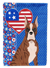Load image into Gallery viewer, Red Brindle Boxer Patriotic Heart Garden Flag – Red, White &amp; Blue Dog Decor with Star Background