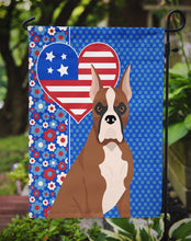Load image into Gallery viewer, Red Fawn Boxer Patriotic Heart Garden Flag – Red, White &amp; Blue Dog Decor with Star Background