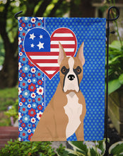 Load image into Gallery viewer, Fawn Boxer Patriotic Heart Garden Flag – Red, White &amp; Blue Dog Decor with Star Background