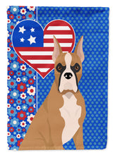 Load image into Gallery viewer, Fawn Boxer Patriotic Heart Garden Flag – Red, White &amp; Blue Dog Decor with Star Background