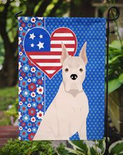Load image into Gallery viewer, White Boxer Patriotic Heart Garden Flag – Red, White &amp; Blue Dog Decor with Star Background