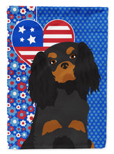 Load image into Gallery viewer, Black and Tan Cavalier Spaniel Patriotic Heart Garden Flag – Red, White &amp; Blue Dog Decor with Star Background