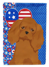 Load image into Gallery viewer, Ruby Cavalier Spaniel Patriotic Heart Garden Flag – Red, White &amp; Blue Dog Decor with Star Background
