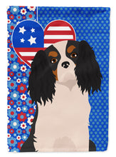 Load image into Gallery viewer, Tricolor Cavalier Spaniel Patriotic Heart Garden Flag – Red, White &amp; Blue Dog Decor with Star Background