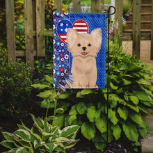 Load image into Gallery viewer, Longhaired Cream Chihuahua Patriotic Heart Garden Flag – Red, White &amp; Blue Dog Decor with Star Background