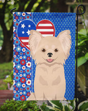 Load image into Gallery viewer, Longhaired Cream Chihuahua Patriotic Heart Garden Flag – Red, White &amp; Blue Dog Decor with Star Background