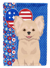 Load image into Gallery viewer, Longhaired Cream Chihuahua Patriotic Heart Garden Flag – Red, White &amp; Blue Dog Decor with Star Background