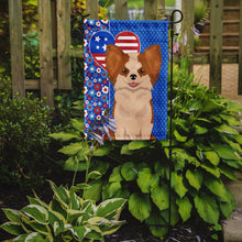 Load image into Gallery viewer, Longhaired Red and White Chihuahua Patriotic Heart Garden Flag – Red, White &amp; Blue Dog Decor with Star Background