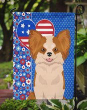 Load image into Gallery viewer, Longhaired Red and White Chihuahua Patriotic Heart Garden Flag – Red, White &amp; Blue Dog Decor with Star Background