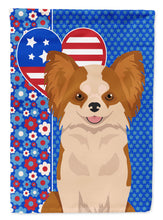Load image into Gallery viewer, Longhaired Red and White Chihuahua Patriotic Heart Garden Flag – Red, White &amp; Blue Dog Decor with Star Background