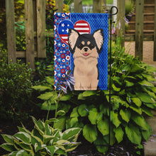 Load image into Gallery viewer, Longhaired Black and White Chihuahua Patriotic Heart Garden Flag – Red, White &amp; Blue Dog Decor with Star Background