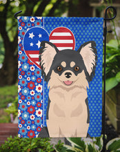 Load image into Gallery viewer, Longhaired Black and White Chihuahua Patriotic Heart Garden Flag – Red, White &amp; Blue Dog Decor with Star Background