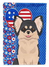 Load image into Gallery viewer, Longhaired Black and White Chihuahua Patriotic Heart Garden Flag – Red, White &amp; Blue Dog Decor with Star Background