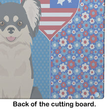 Load image into Gallery viewer, Longhaired Black and White Chihuahua USA American Glass Cutting Boards – Durable, Decorative Kitchen Art Large