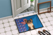 Load image into Gallery viewer, Longhaired Black and Tan Chihuahua USA American Doormat - 24x36 Decorative Floor Mat – Indoor/Outdoor Rug with Artistic Flair