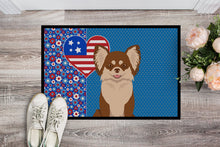 Load image into Gallery viewer, Longhaired Chocolate and White Chihuahua USA American Doormat - 24x36 Decorative Floor Mat – Indoor/Outdoor Rug with Artistic Flair