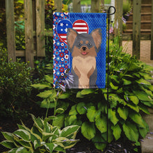 Load image into Gallery viewer, Longhaired Blue and Tan Chihuahua Patriotic Heart Garden Flag – Red, White &amp; Blue Dog Decor with Star Background