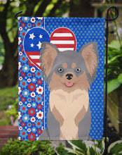 Load image into Gallery viewer, Longhaired Blue and Tan Chihuahua Patriotic Heart Garden Flag – Red, White &amp; Blue Dog Decor with Star Background