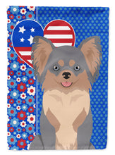 Load image into Gallery viewer, Longhaired Blue and Tan Chihuahua Patriotic Heart Garden Flag – Red, White &amp; Blue Dog Decor with Star Background