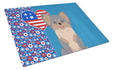 Load image into Gallery viewer, Longhaired Blue and Tan Chihuahua USA American Glass Cutting Boards – Durable, Decorative Kitchen Art Large