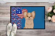 Load image into Gallery viewer, Longhaired Gold and White Chihuahua USA American Doormat - 24x36 Decorative Floor Mat – Indoor/Outdoor Rug with Artistic Flair