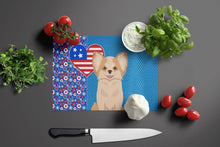 Load image into Gallery viewer, Longhaired Gold and White Chihuahua USA American Glass Cutting Boards – Durable, Decorative Kitchen Art Large