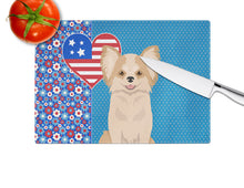 Load image into Gallery viewer, Longhaired Gold and White Chihuahua USA American Glass Cutting Boards – Durable, Decorative Kitchen Art Large