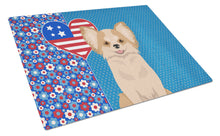 Load image into Gallery viewer, Longhaired Gold and White Chihuahua USA American Glass Cutting Boards – Durable, Decorative Kitchen Art Large