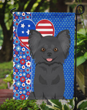 Load image into Gallery viewer, Longhaired Black Chihuahua Patriotic Heart Garden Flag – Red, White &amp; Blue Dog Decor with Star Background