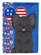 Load image into Gallery viewer, Longhaired Black Chihuahua Patriotic Heart Garden Flag – Red, White &amp; Blue Dog Decor with Star Background