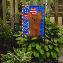 Load image into Gallery viewer, Longhaired Red Chihuahua Patriotic Heart Garden Flag – Red, White &amp; Blue Dog Decor with Star Background
