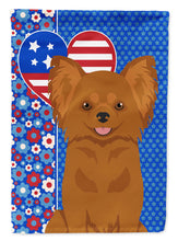 Load image into Gallery viewer, Longhaired Red Chihuahua Patriotic Heart Garden Flag – Red, White &amp; Blue Dog Decor with Star Background