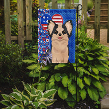 Load image into Gallery viewer, Longhaired Black and White #2 Chihuahua Patriotic Heart Garden Flag – Red, White &amp; Blue Dog Decor with Star Background
