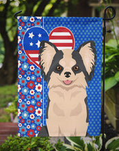 Load image into Gallery viewer, Longhaired Black and White #2 Chihuahua Patriotic Heart Garden Flag – Red, White &amp; Blue Dog Decor with Star Background