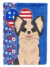 Load image into Gallery viewer, Longhaired Black and White #2 Chihuahua Patriotic Heart Garden Flag – Red, White &amp; Blue Dog Decor with Star Background