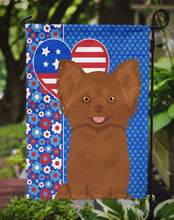 Load image into Gallery viewer, Longhaired Chocolate Chihuahua Patriotic Heart Garden Flag – Red, White &amp; Blue Dog Decor with Star Background