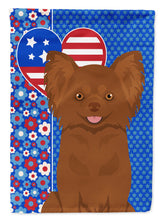 Load image into Gallery viewer, Longhaired Chocolate Chihuahua Patriotic Heart Garden Flag – Red, White &amp; Blue Dog Decor with Star Background