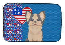 Load image into Gallery viewer, Longhaired Blue and White Chihuahua USA American Dish Drying Mat – Absorbent, Artistic Kitchen Essentials