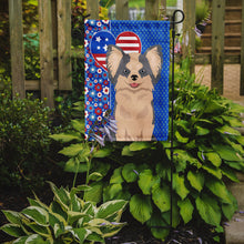 Load image into Gallery viewer, Longhaired Blue and White Chihuahua Patriotic Heart Garden Flag – Red, White &amp; Blue Dog Decor with Star Background