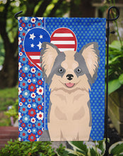 Load image into Gallery viewer, Longhaired Blue and White Chihuahua Patriotic Heart Garden Flag – Red, White &amp; Blue Dog Decor with Star Background