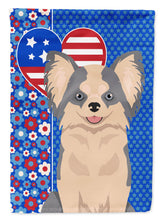 Load image into Gallery viewer, Longhaired Blue and White Chihuahua Patriotic Heart Garden Flag – Red, White &amp; Blue Dog Decor with Star Background
