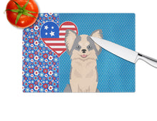 Load image into Gallery viewer, Longhaired Blue and White Chihuahua USA American Glass Cutting Boards – Durable, Decorative Kitchen Art Large