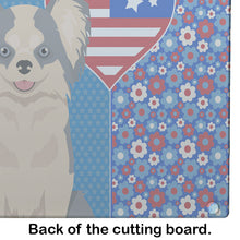 Load image into Gallery viewer, Longhaired Blue and White Chihuahua USA American Glass Cutting Boards – Durable, Decorative Kitchen Art Large