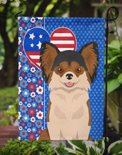 Load image into Gallery viewer, Longhaired Black and Red Chihuahua Patriotic Heart Garden Flag – Red, White &amp; Blue Dog Decor with Star Background