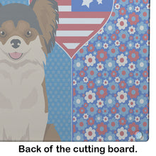 Load image into Gallery viewer, Longhaired Black and Red Chihuahua USA American Glass Cutting Boards – Durable, Decorative Kitchen Art Large