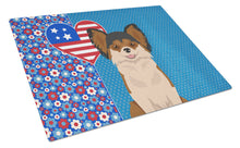 Load image into Gallery viewer, Longhaired Black and Red Chihuahua USA American Glass Cutting Boards – Durable, Decorative Kitchen Art Large