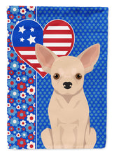 Load image into Gallery viewer, Fawn Chihuahua Patriotic Heart Garden Flag – Red, White &amp; Blue Dog Decor with Star Background